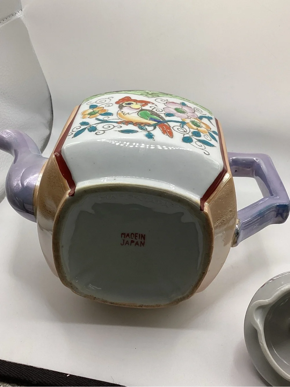 vintage, hand-painted lusterware teapot with floral, bird, tree painting